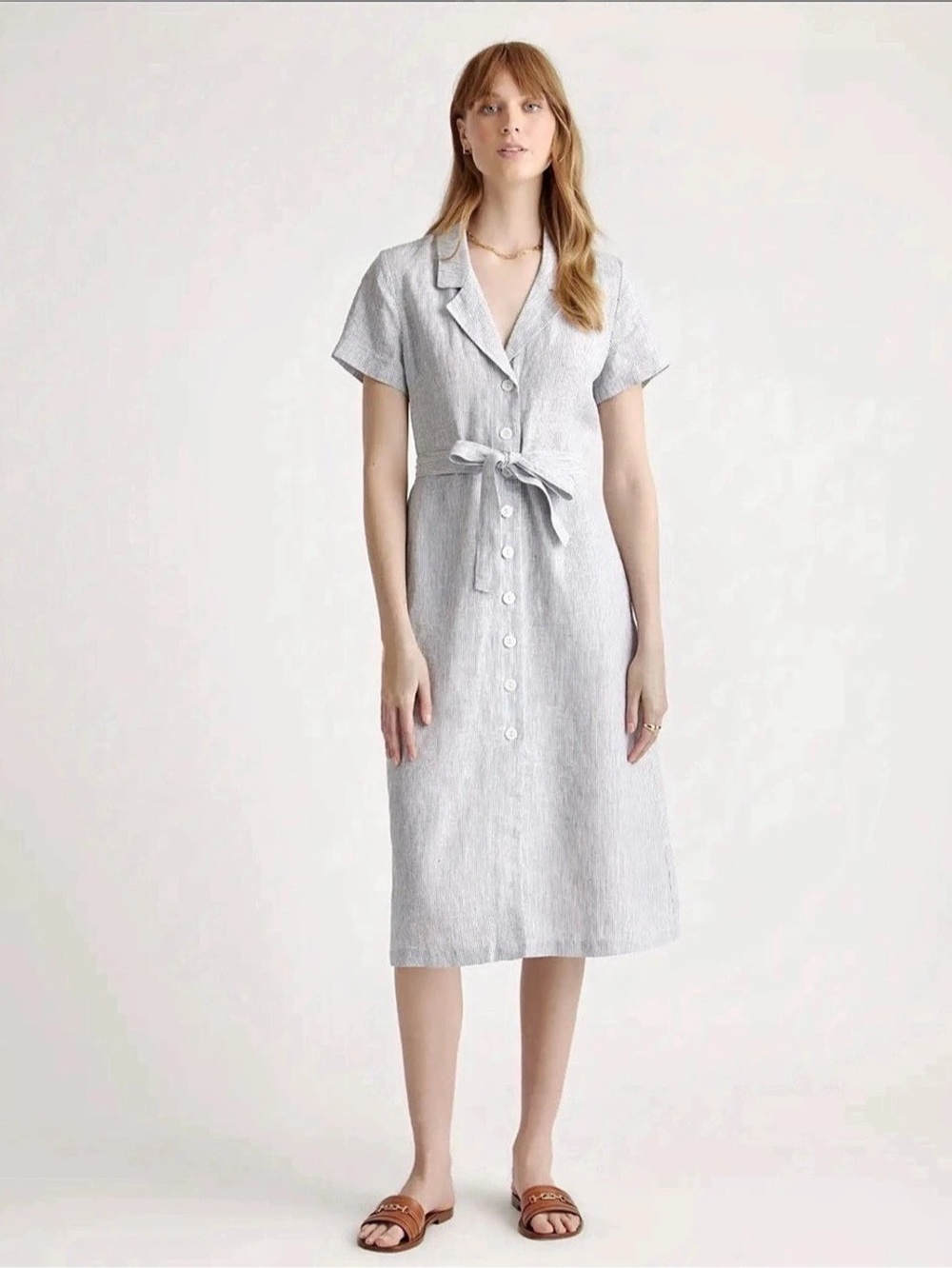 Quince 100% European Linen Button Front Dress Gray & White MISSING BELT